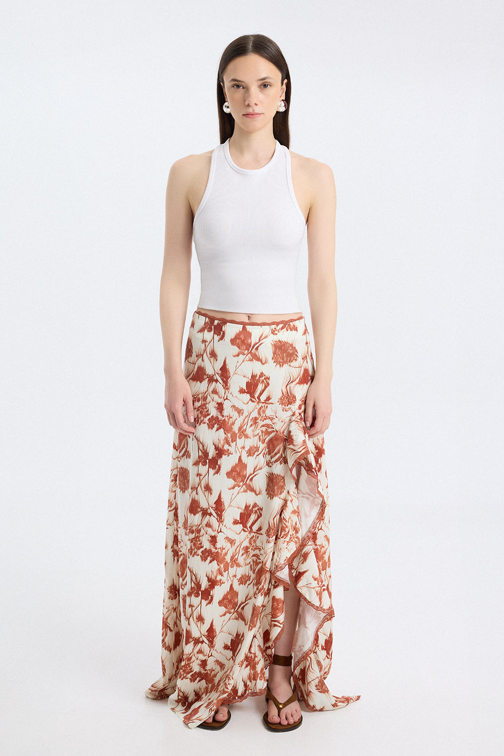 Printed Ruffle Slit Maxi Skirt