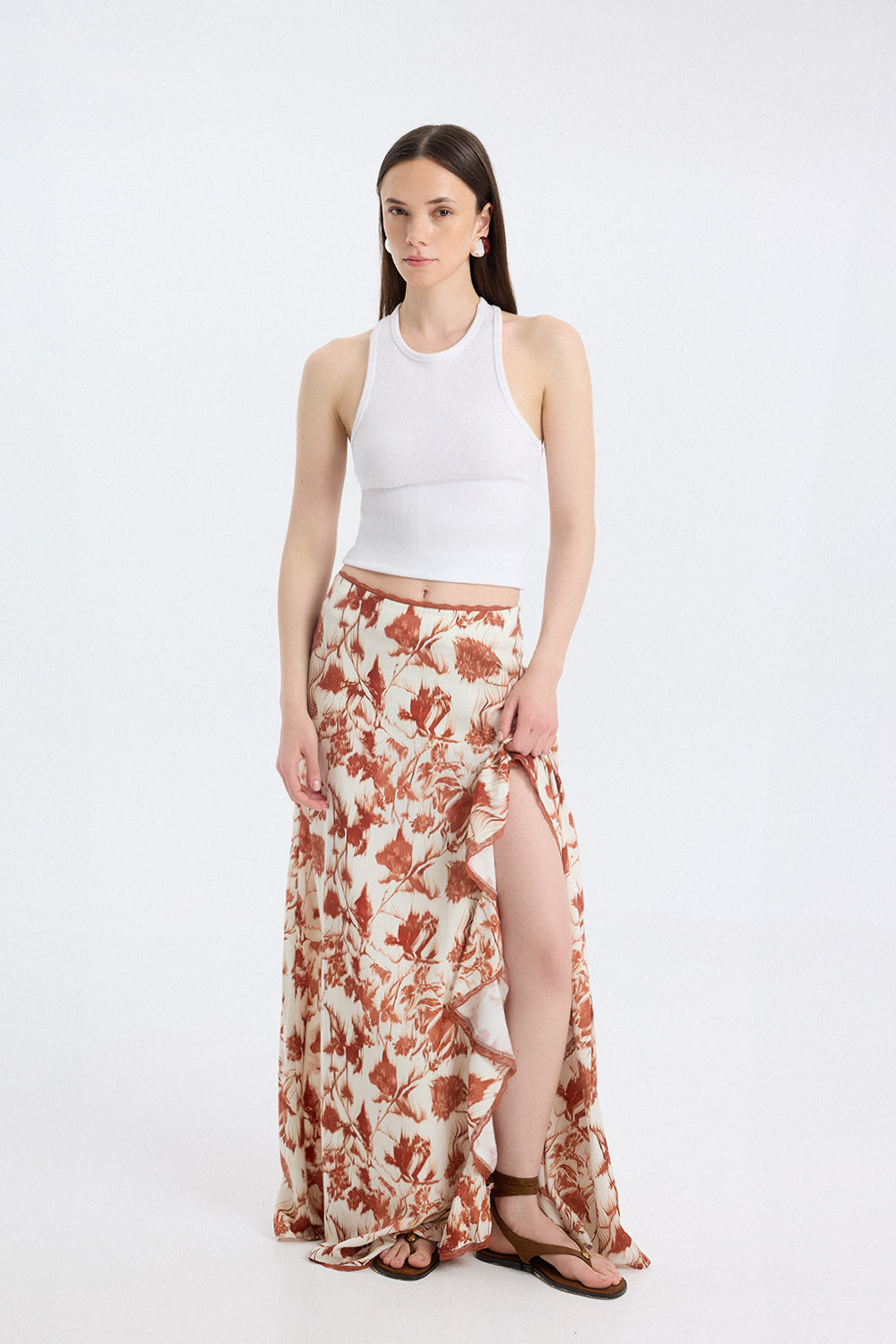 Printed Ruffle Slit Maxi Skirt